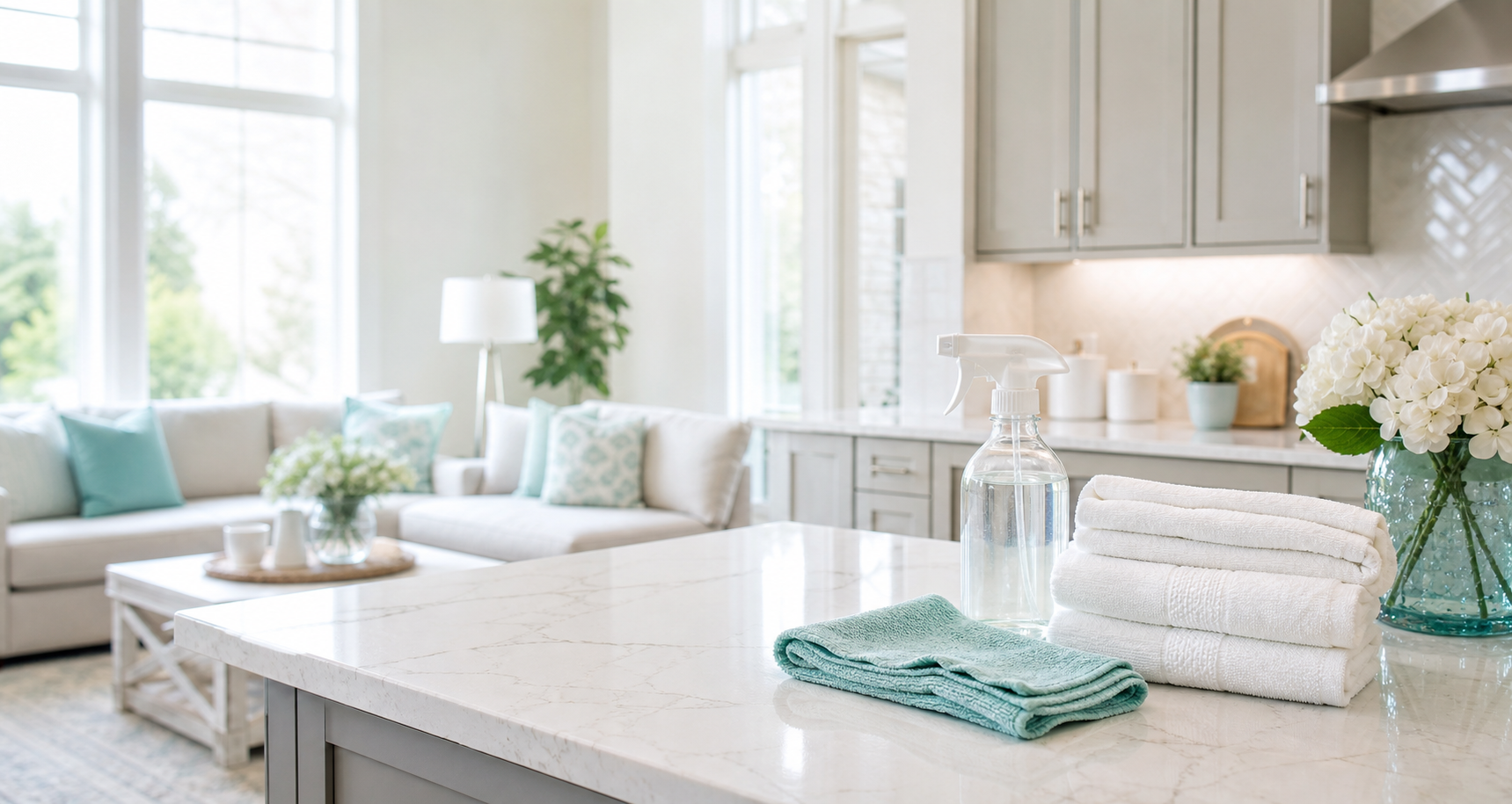 Freshly cleaned bright kitchen with folded towels, aqua cloth, flowers, and a glass spray bottle